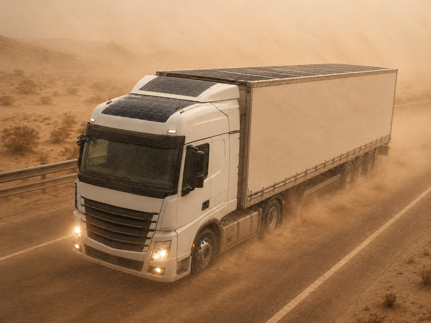 Flexible solar panels on logistics truck in extreme dust storm weather
